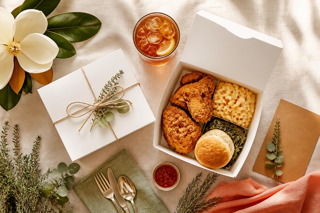 A beautifully packaged Magnolia Meals order with fried chicken, macaroni, biscuits, and iced tea